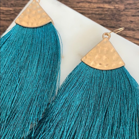 Teal Fan Fringe Earrings - Picture 2 of 5